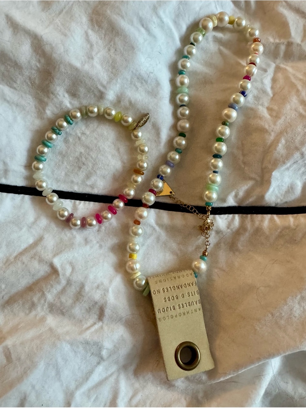 Anthropologie Pearl Necklace and Bracelet Set with Multicolor Accents